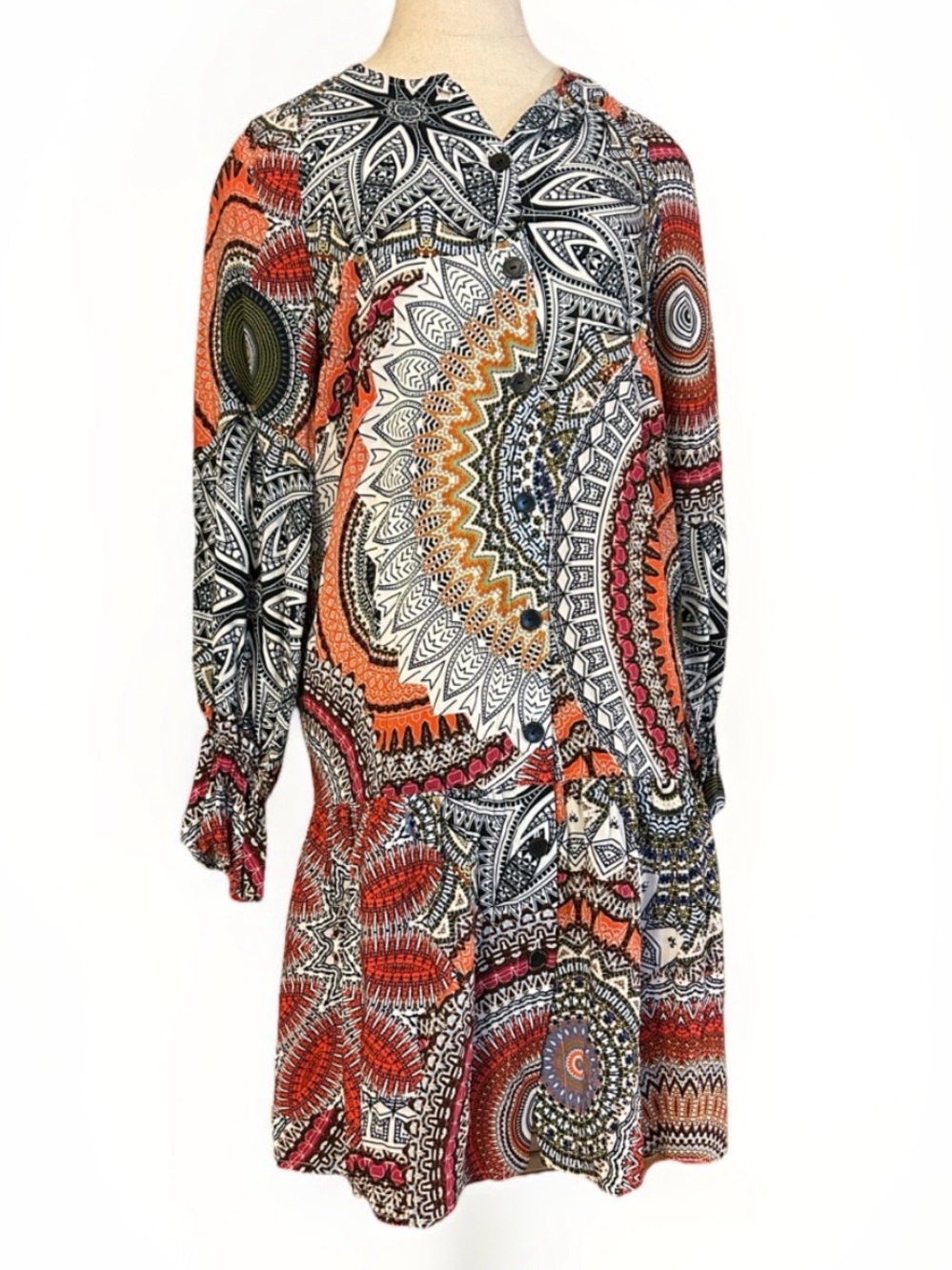 Nathalie Chaize Geometric Printed Long Sleeve Shift Dress - Orange Multi Boho
